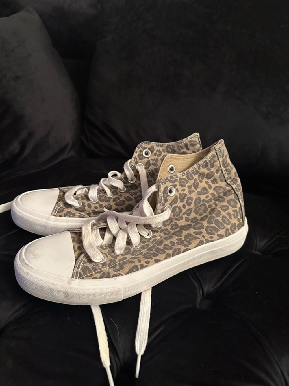 NOBO Leopard Canvas High-Top Sneakers in Tan and White